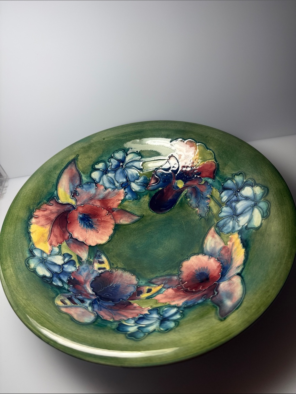 Signed Moorcroft  Vintage Orchid Green Floral Ceramic Decorative Bowl